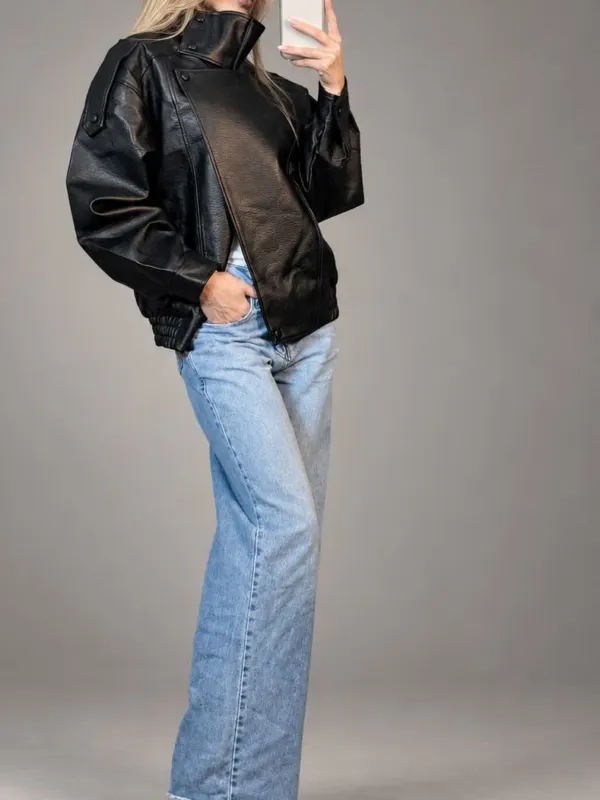 Jaqueta couro preta oversized jeans — VC Collection